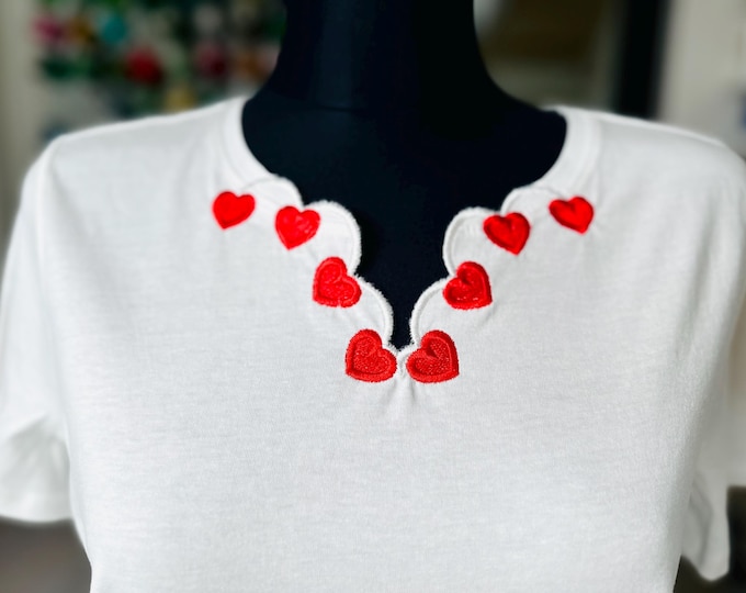 Valentine Heart Neckline scalloped cutout machine embroidery designs lovely girls kids outfit t-shirt sweatshirt design sizes 5, 6, 7, 8in