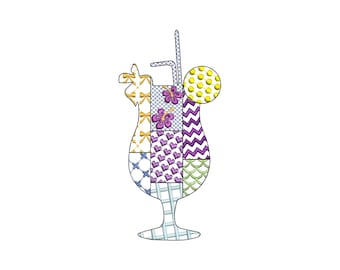 Patchwork Summer Cocktail with a Straw beach pool party drink glass silhouette outline machine embroidery designs sizes 4 up to 7 inch