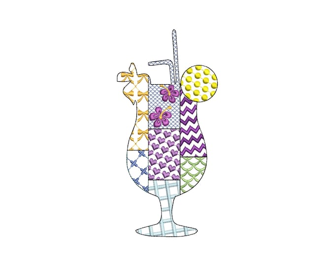 Patchwork Summer Cocktail with a Straw beach pool party drink glass silhouette outline machine embroidery designs sizes 4 up to 7 inch