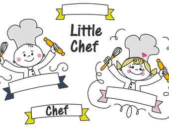 Little Chef cook, boy and girl, banners and wording collection machine embroidery designs 4x4 and 5x7  sketch outline, stick figures designs