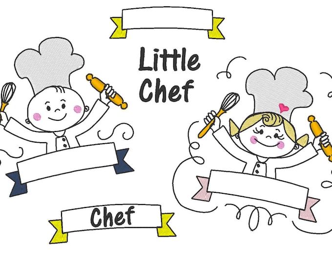 Little Chef cook, boy and girl, banners and wording collection machine embroidery designs 4x4 and 5x7  sketch outline, stick figures designs