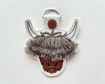 Fringed Highland cow keychain key fob snap tab in the hoop machine embroidery designs ITH project Awesome fluffy fur cow kids backpack tag