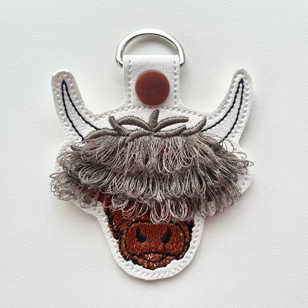 Fringed Highland cow keychain key fob snap tab in the hoop machine embroidery designs ITH project Awesome fluffy fur cow kids backpack tag