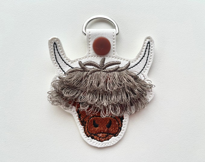 Fringed Highland cow keychain key fob snap tab in the hoop machine embroidery designs ITH project Awesome fluffy fur cow kids backpack tag