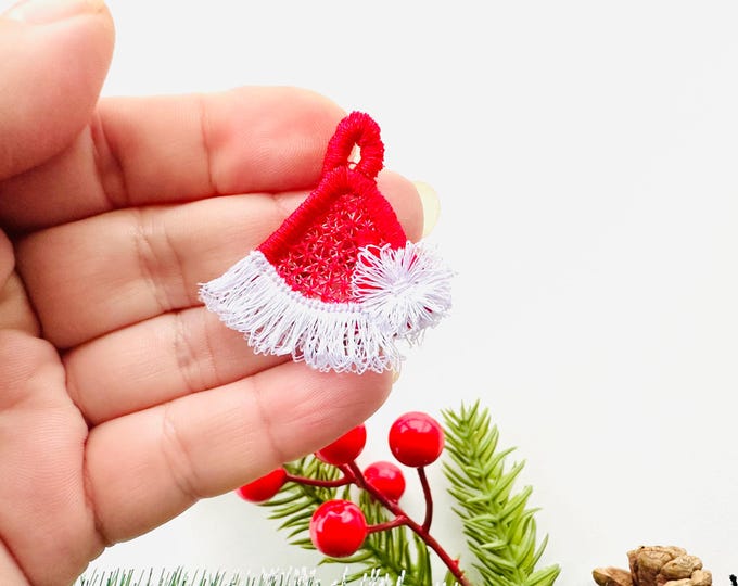 Fringed fur fluffy Santa Hat earrings or charm FSL freestanding lace mini machine embroidery designs Christmas Santa helper kids gift tag