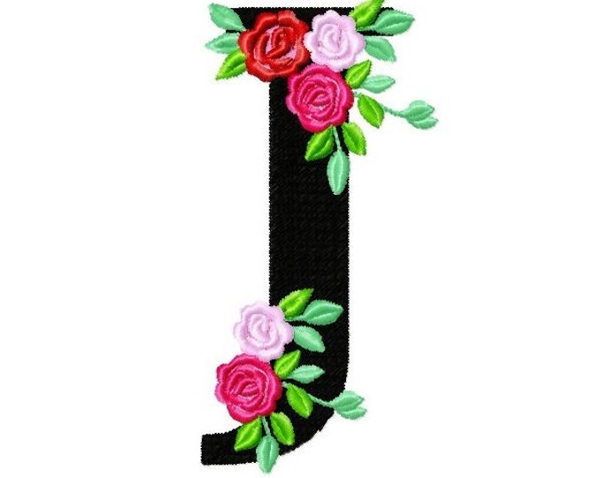 Roses floral Individual letter J garden flag monogram roses crown flowers flower Font machine embroidery design 2, 3, 4, 5, 6, 7, 8 in