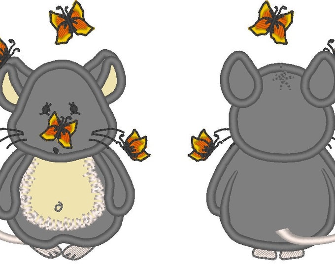 Little Mouse with Butterflies front and back - machine embroidery applique and fill stitch designs, assorted sizes INSTANT DOWNLOAD