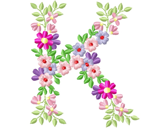 Delicate Roses Floral letter K garden flag monogram flowers flower flowered Font machine embroidery designs 3.5, 4, 5, 6, 7, 8 in