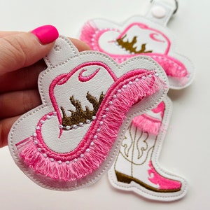 Pretty Cowgirl cowboy Boots and Hat pink key fob snap tab and Eyelet SET of 3 fringed keychain in the hoop ITH machine embroidery designs