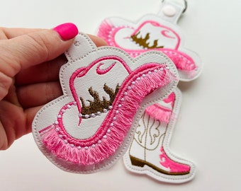 Pretty Cowgirl cowboy Boots and Hat pink key fob snap tab and Eyelet SET of 3 fringed keychain in the hoop ITH machine embroidery designs