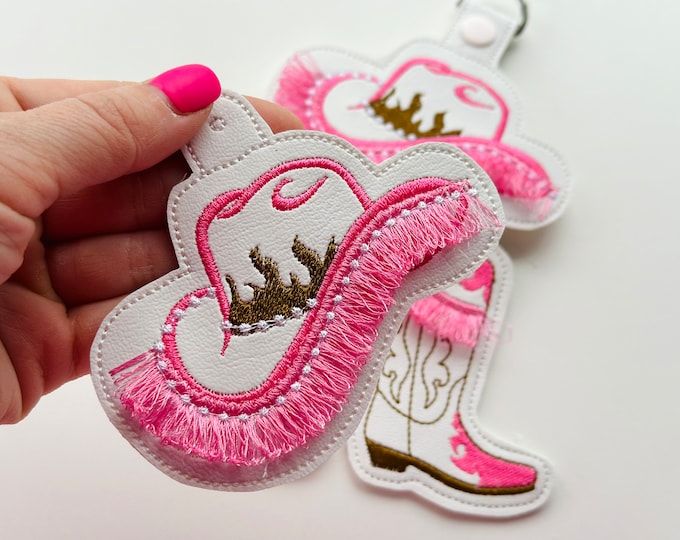 Pretty Cowgirl cowboy Boots and Hat pink key fob snap tab and Eyelet SET of 3 fringed keychain in the hoop ITH machine embroidery designs