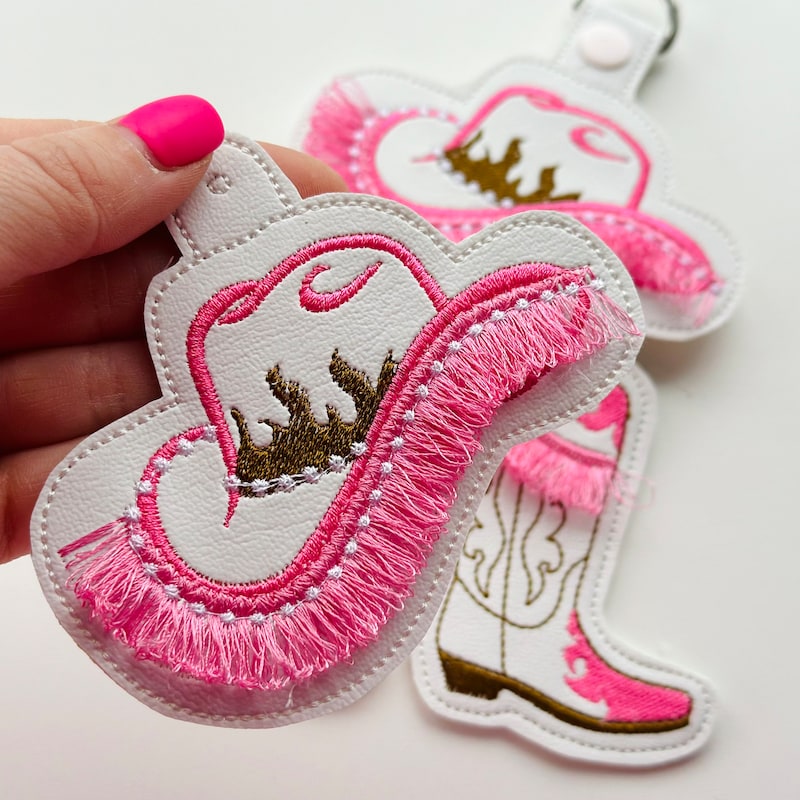 Pretty Cowgirl Cowboy Boots and Hat Pink Keychain Snaps and Eyelets Set of 3 Tassel Keychain Inside Loop ITH Machine Embroidery