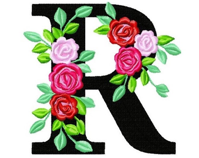 Roses floral Individual letter R garden flag monogram roses crown flowers flower Font machine embroidery design 2, 3, 4, 5, 6, 7, 8 in