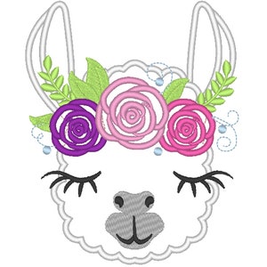 Pretty eyes llama or alpaca head with shabby chick roses crown applique machine embroidery designs applique embroidery llama face