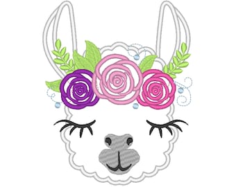 Pretty eyes llama or alpaca head with shabby chick roses crown applique machine embroidery designs applique embroidery llama face