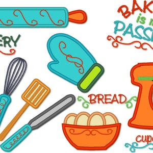 Cooking Bakery tools machine embroidery designs and applique designs for hoop 4x4, 5x7 kids little helper in kitchen mixer whisk rolling pin
