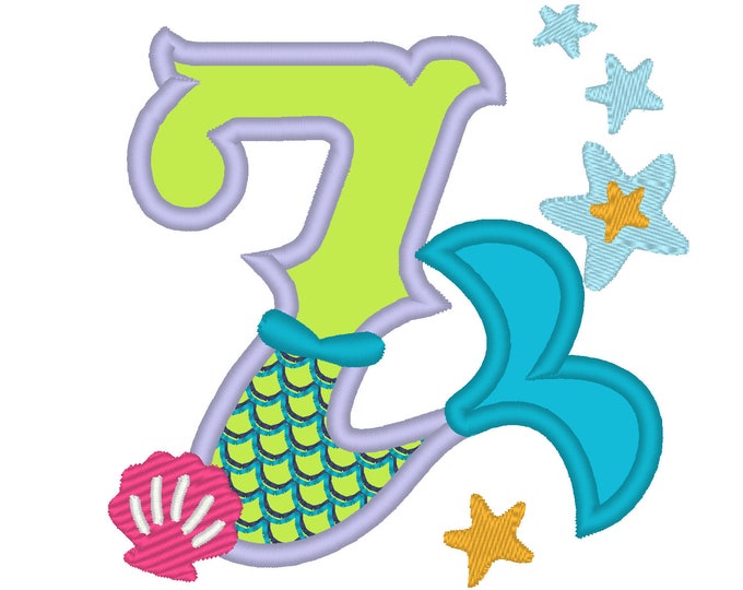 Mermaid Tail Birthday number, Mermaid number SEVEN 7 applique, Mermaid Kisses and starfish wishes 4x4 5x7 mermaid embroidery design