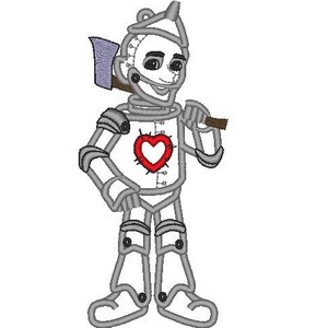 May include: A cartoon illustration of the Tin Man from the Wizard of Oz. He is made of silver metal and has a red heart on his chest. He is holding an axe in his right hand.