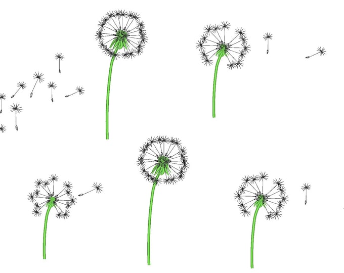 Dandelion single flower set, many types and sizes, machine embroidery designs for hoop 4x4 and 5x7, dandelion blowball flying fluffy seeds