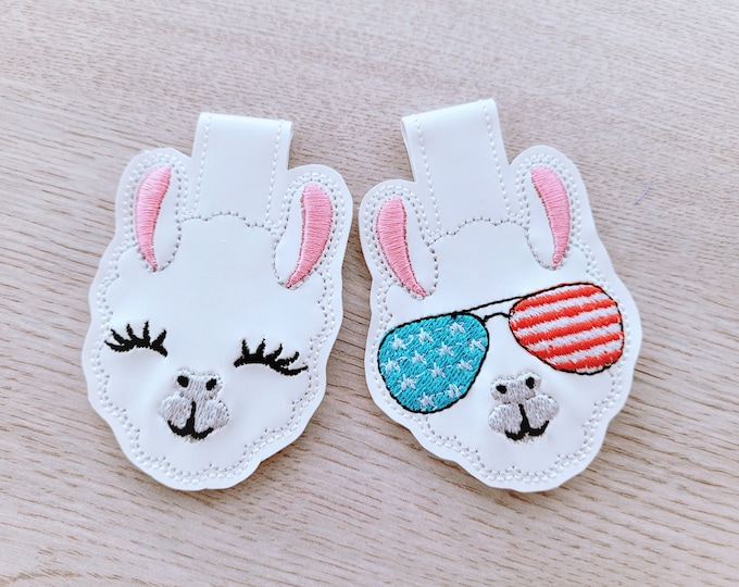 Llama head lama face with glasses American flag patriotic 2 types ITH in the hoop key fob snap tab machine embroidery design keyfob keychain