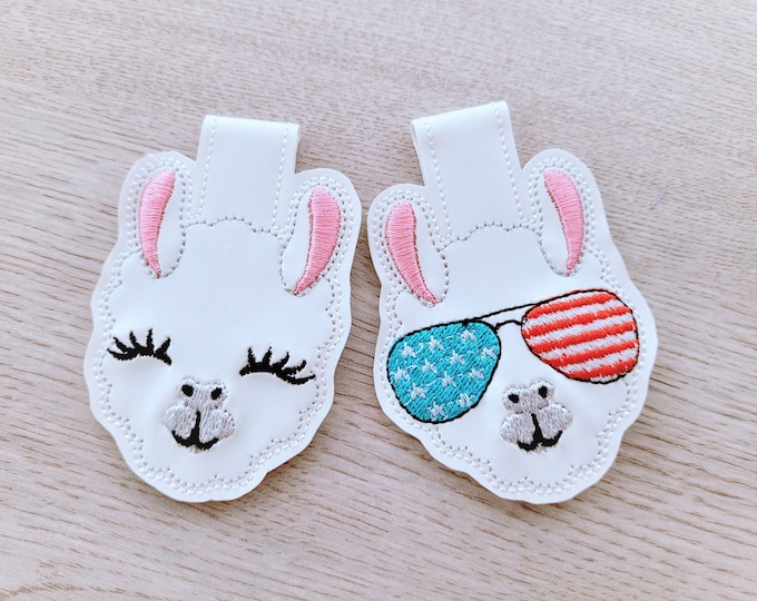 Llama head lama face with glasses American flag patriotic 2 types ITH in the hoop key fob snap tab machine embroidery design keyfob keychain