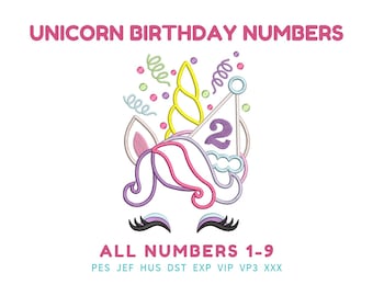 Unicorn Birthday numbers SET 1-9 rainbow unicorn confetti party crown Unicorn birthday hat kids girl, applique machine embroidery design