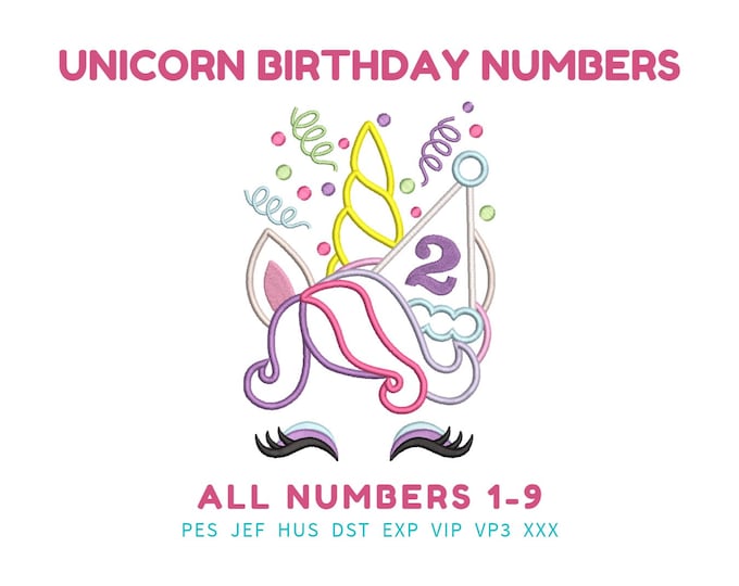 Unicorn Birthday numbers SET 1-9 rainbow unicorn confetti party crown Unicorn birthday hat kids girl, applique machine embroidery designs