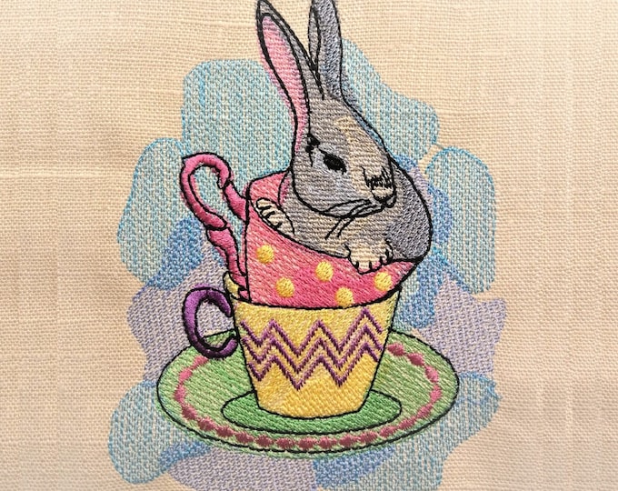 Bunny in teacups classy watercolor Easter embroidery, urban little baby, quick stitch outline, bean, simply awesome bunny embroidery designs