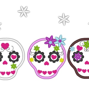 3 mini sockerskalle Day of the Dead SET med 3 dödskallar applikationsmaskinbroderimönster Dia de los Muertos för ring 4x4 flera storlekar