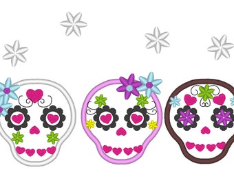 3 mini Sugar Skull Day of the Dead SET of 3 Skulls applique machine embroidery designs Dia de los Muertos for hoop 4x4 multiple sizes