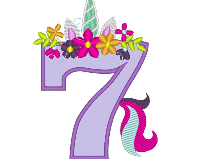 Unicorn Birthday Number Seven 7 with flowers crown applique machine embroidery designs Unicorn Tail seventh Birthday party outfit 4x4 5x7