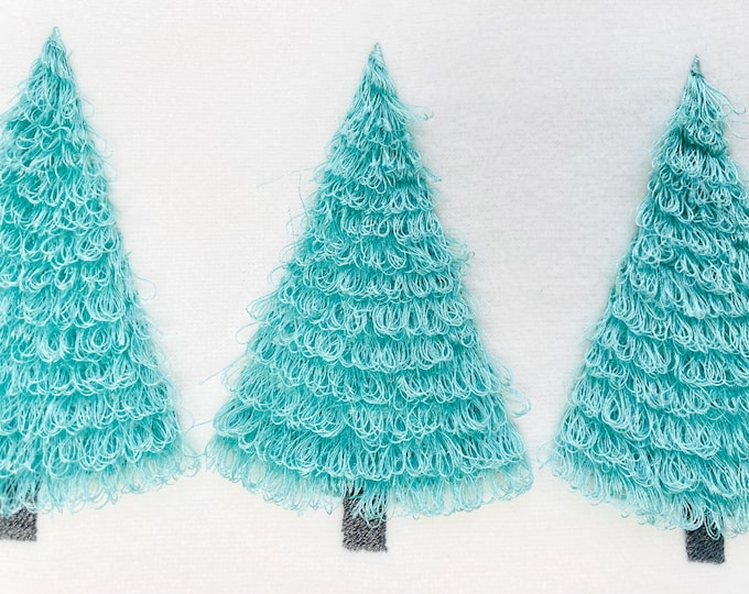 Fringed fluffy Christmas Tree simply Trio three in row woodland fringe fur chenille Pine Tree machine embroidery designs sizes 7 and 8 inch