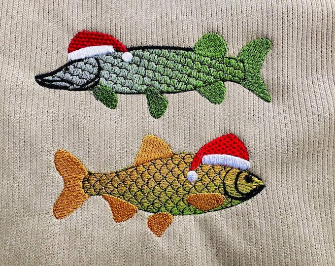 Rainbow iridescent Two Christmas Fish Santa Hat gradient awesome ombre effect Fisherman machine embroidery designs sizes from 4 to 6 inch