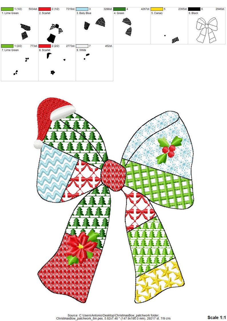K&ouml;nnte beinhalten: Ein festliches Weihnachts-Schleifendesign mit einem Weihnachtsmannhut, das verschiedene Muster wie Weihnachtsb&auml;ume, Schneeflocken und Sterne aufweist. Die Schleife enth&auml;lt rote, gr&uuml;ne, blaue und gelbe Farben und erzeugt einen Patchwork-Effekt. Das Design ist ca. 14,8 x 19,0 cm gro&szlig;.