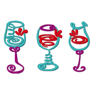 Wine glasses SET of 3 single Glass design pop art style satin stitch outline machine embroidery designs sizes 2.5 up to 7in Cocktail Glass