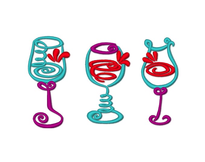 Wine glasses SET of 3 single Glass design pop art style satin stitch outline machine embroidery designs sizes 2.5 up to 7in Cocktail Glass