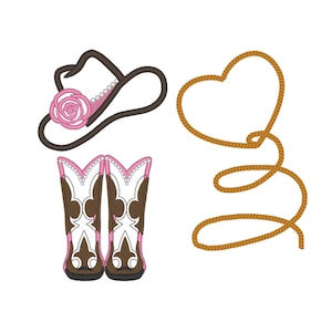 Coleção de acessórios de cowgirl - Conjunto de 3 designs individuais adicionais - Apliques bordados à máquina com chapéu, botas, coração, laço e corda para meninas da fazenda e crianças.