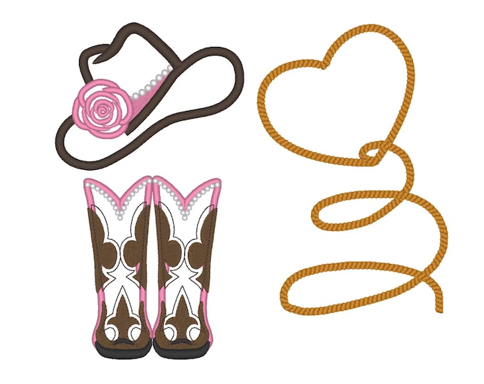 Cowgirl attributes collection Set of 3 single designs add-on Applique machine embroidery designs farm girls kids hat boots heart lasso rope