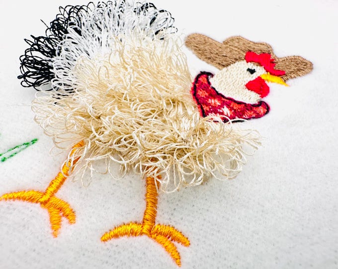 Fuzzy Fringed Chicken with Cowboy hat and bandanna fluffy farm bird kids baby boys fringe machine embroidery designs sizes 3.5 up to 4.5 in