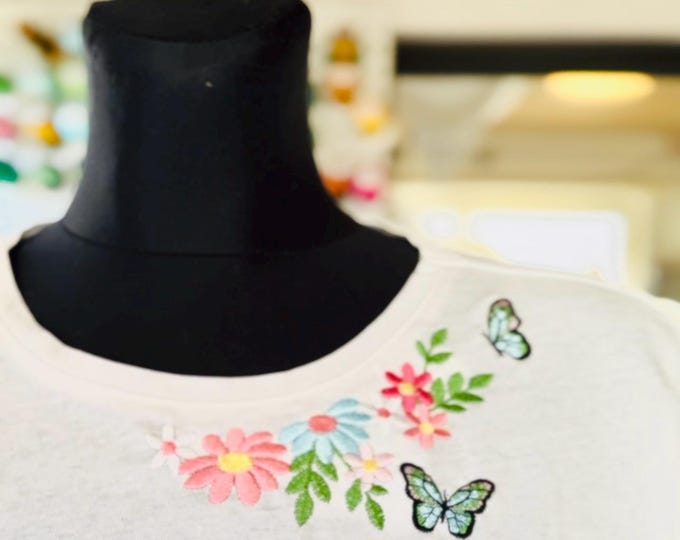 Awesome Floral Neckline Flower and Butterfly machine embroidery designs girls kids outfit t-shirt sweatshirt design sizes 4.5 up to 6in