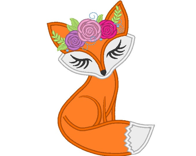 Pretty eyes Fox face with shabby chick roses crown applique machine embroidery designs applique Fox flowers floral cute Fox girl princess