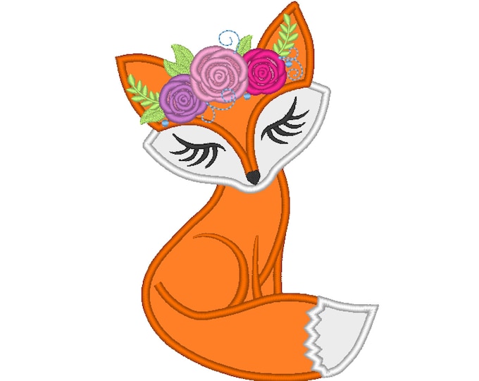 Pretty eyes Fox face with shabby chick roses crown applique machine embroidery designs applique Fox flowers floral cute Fox girl princess