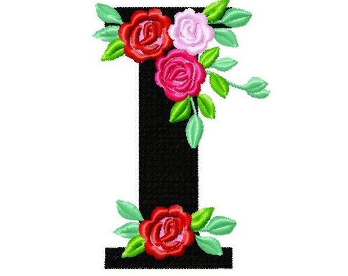 Roses floral Individual letter I garden flag monogram roses crown flowers flower Font machine embroidery design 2, 3, 4, 5, 6, 7, 8 in