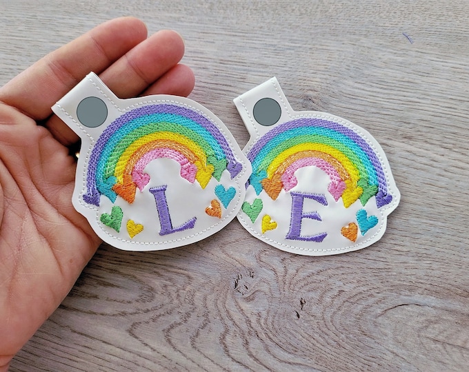 Falling heart rainbow monogram monograms alphabet, key fob ITH, snap tab keyfob machine embroidery design in the hoop embroidery project A-Z