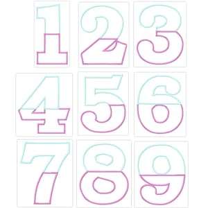 May include: Nine outlined numbers, 1 through 9, in a white font with a light blue outline. Each number is split in half horizontally, with the top half filled in with a light pink color.