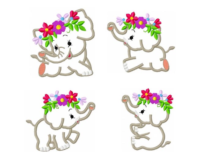 Little Elephant with flowers Floral Crown SET of 4 types Applique Machine Embroidery Designs multiple sizes 3, 4, 5in kids girls baby outfit