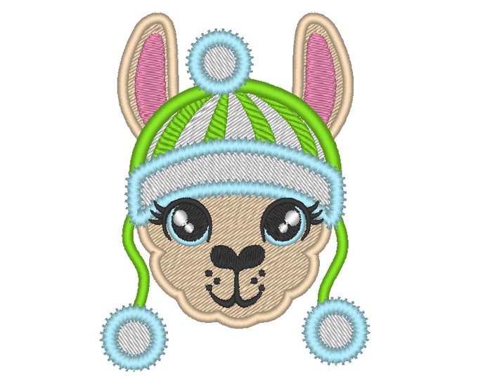 Fill and applique embroidery of Llama or alpaca head with winter Santa Christmas hat machine embroidery designs face drama llama design