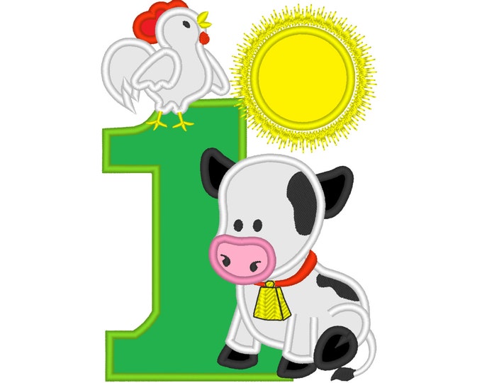 Farm birthday number one 1 with cow and rooster - cute farm theme machine embroidery applique design  5x7