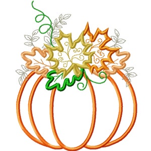 May include: An orange pumpkin with green leaves and a vine. The pumpkin is outlined in orange and has a white background.