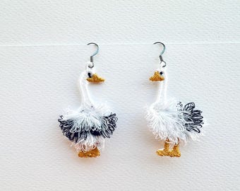 Cute Fluffy Goose earrings charm necklace pendant FSL freestanding lace machine embroidery designs kids girls pretty fringed geese bird